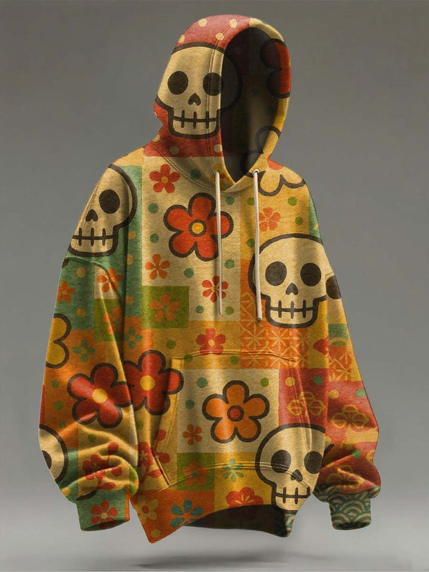 Halloween Skull Floral Print Casual Hooded Sweatshirt
