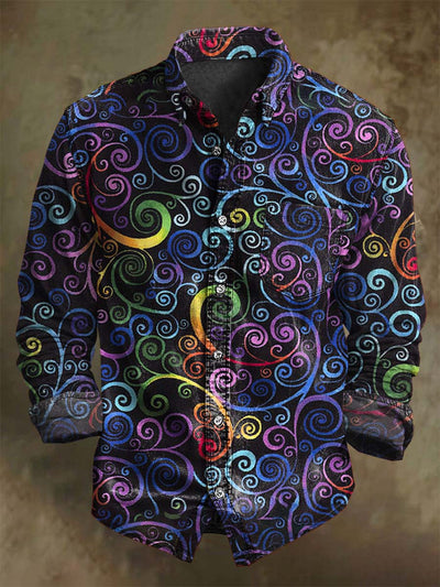 Vintage Rainbow Scroll Print Casual Long Sleeve Shirt