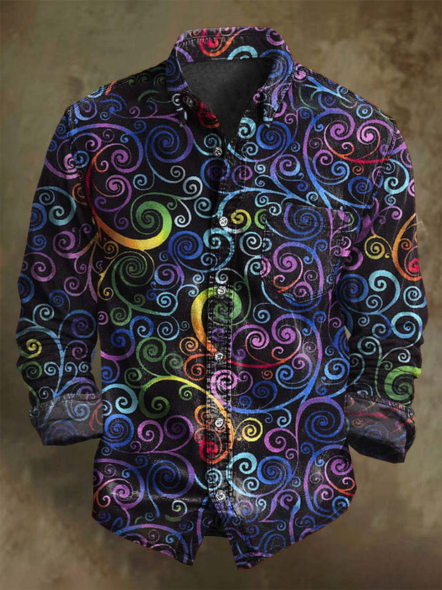 Vintage Rainbow Scroll Print Casual Long Sleeve Shirt