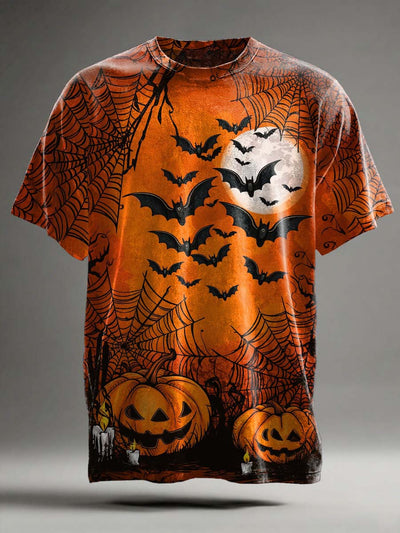 Halloween Pumpkin Bat Print Casual Short Sleeve T-Shirt