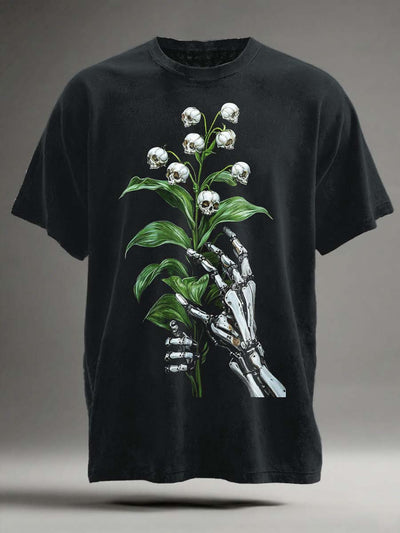 Halloween Abstract Skull Flower Print Casual Short Sleeve T-Shirt