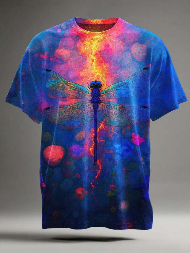 Psychedelic Purple Dragonfly Print Casual Short Sleeve T-Shirt