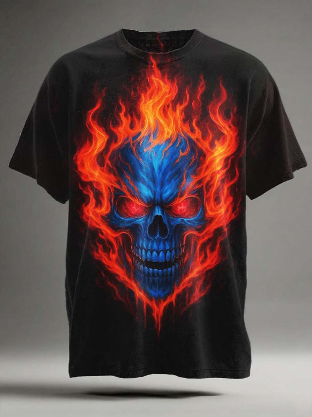 Halloween Flame Skull Print Casual Short Sleeve T-Shirt