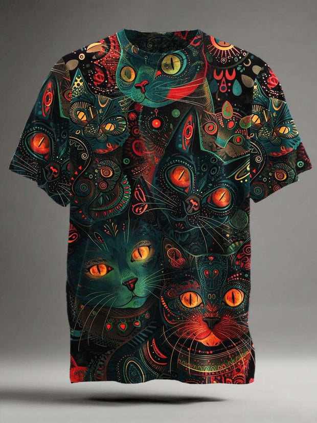 Vintage Abstract Cat Print Casual Short Sleeve T-Shirt