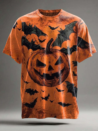 Halloween Pumpkin Bat Print Casual Short Sleeve T-Shirt