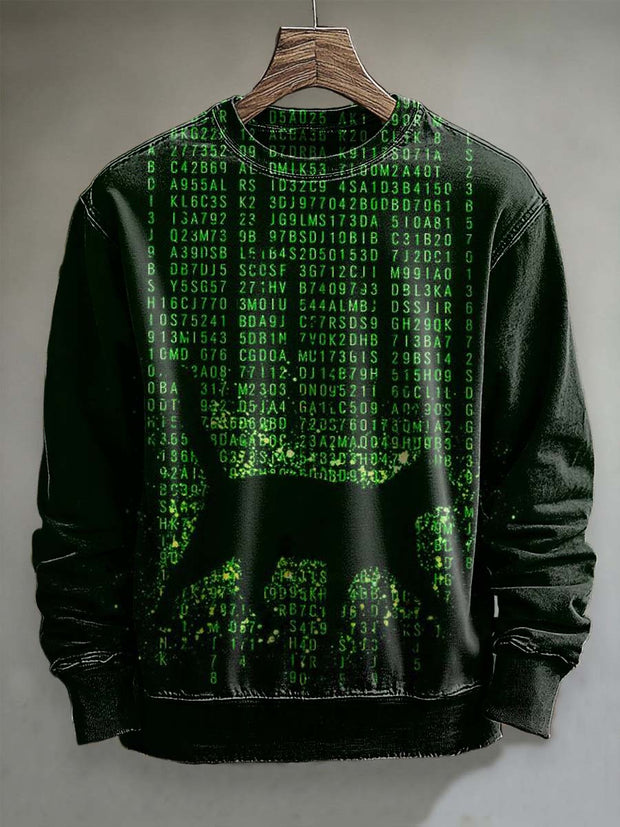 Abstract Code Black Cat Print Casual Long Sleeve Sweatshirt