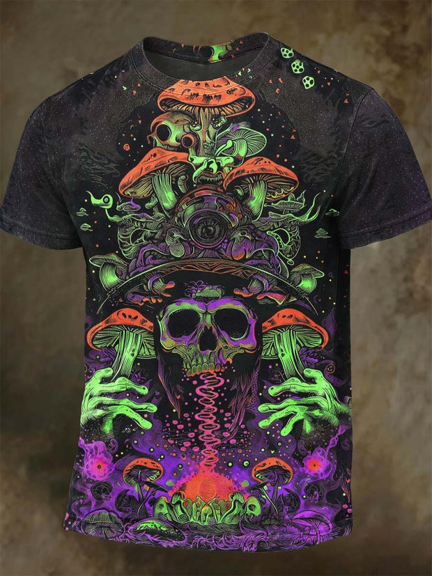 Abstract Mushroom Skull Print Casual Short Sleeve T-Shirt