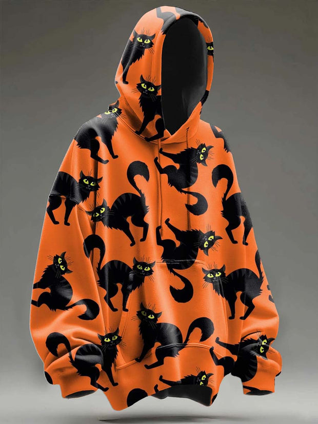 Halloween Black Cat Print Casual Hooded Sweatshirt