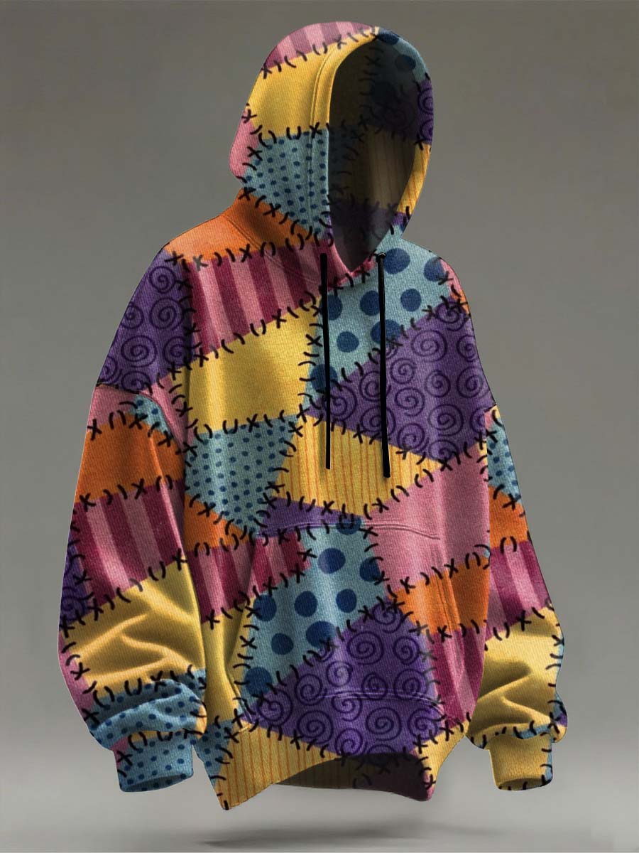 Halloween Abstract Patchwork Print Casual Hooded Sweatshirt