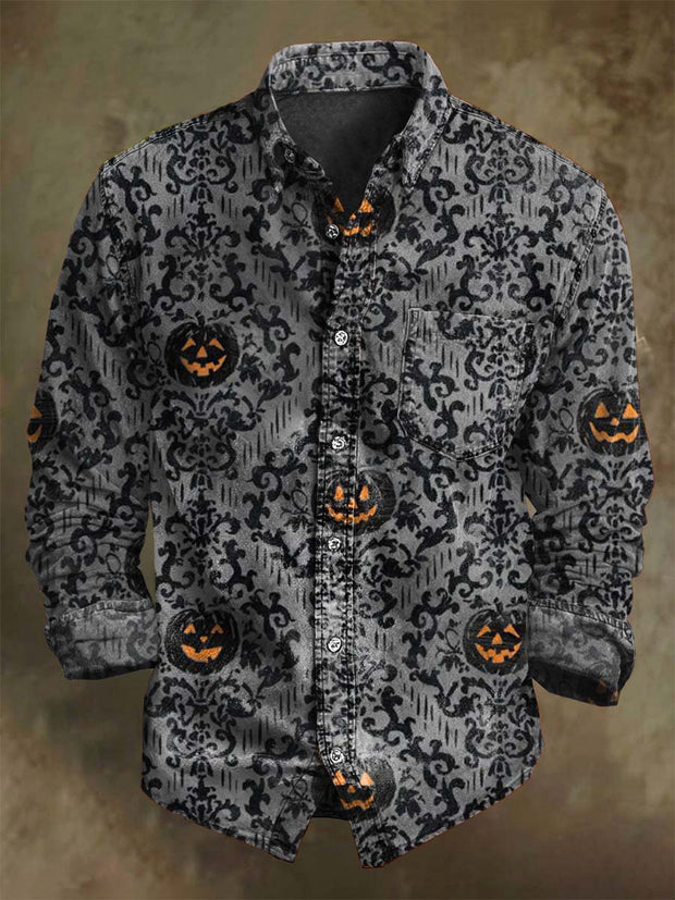 Halloween Pumpkin Floral Print Casual Long Sleeve Shirt