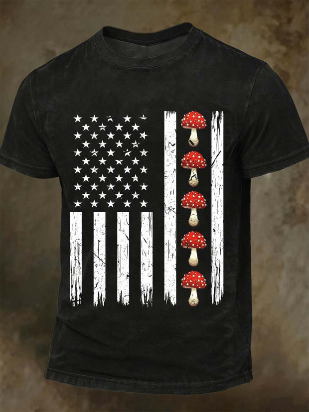 American Flag Mushroom Print Casual Short Sleeve T-Shirt