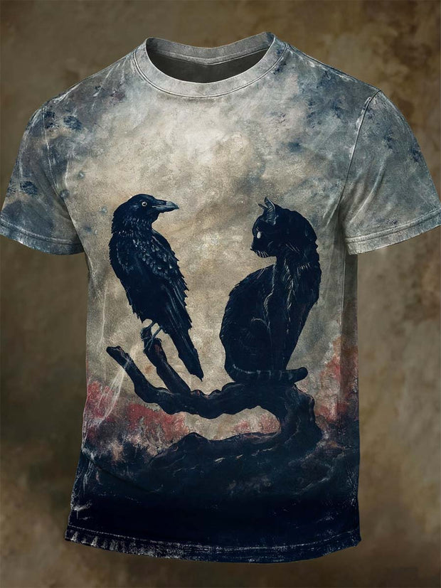 Halloween Raven Black Cat Print Casual Short Sleeve T-Shirt