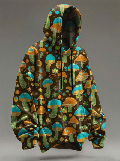Abstract Retro Colorful Mushroom Print Casual Hooded Sweatshirt