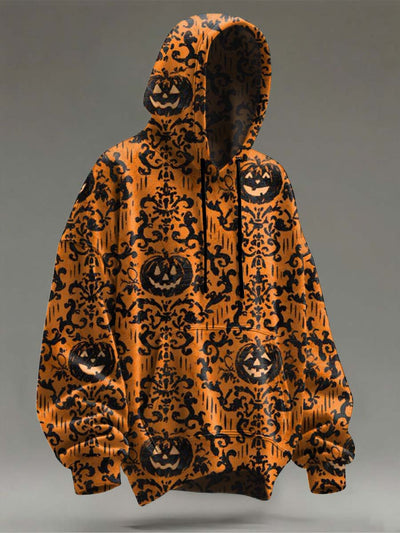 Halloween Pumpkin Floral Print Casual Hooded Sweatshirt