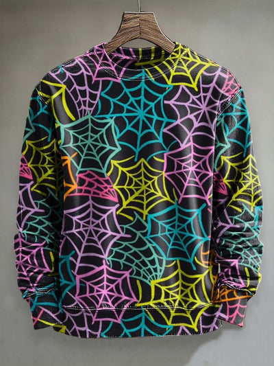 Halloween Colorful Spider Web Print Casual Crew Neck Sweatshirt