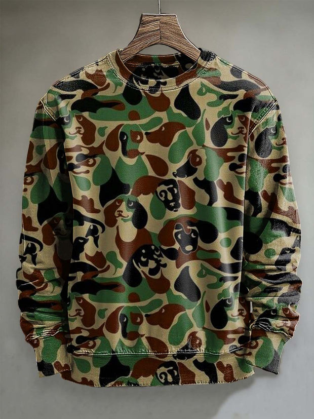Abstract Camo Dachshund Print Casual Crew Neck Sweatshirt