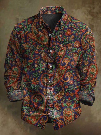 Vintage Paisley Floral Print Casual Long Sleeve Shirt
