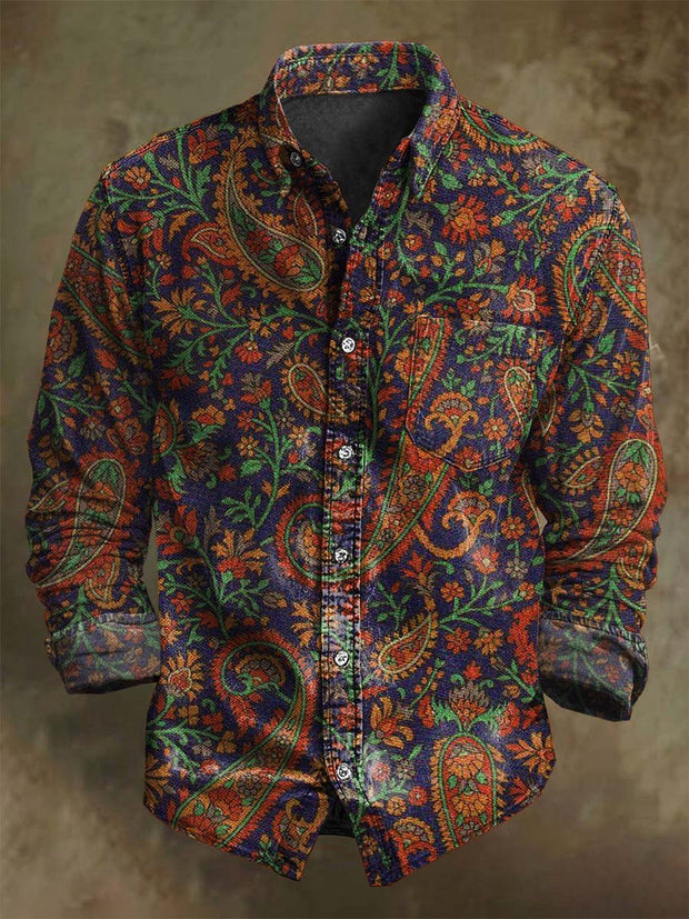 Vintage Paisley Floral Print Casual Long Sleeve Shirt