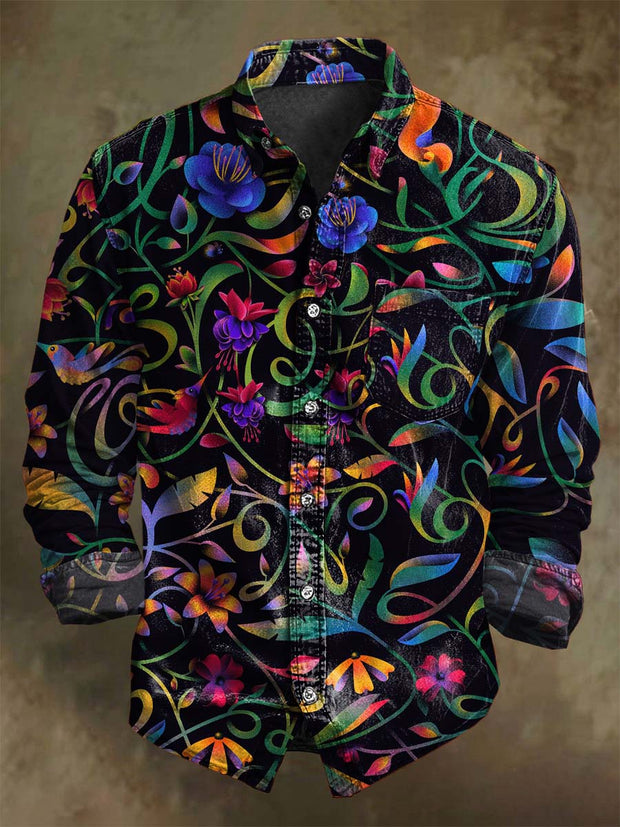 Vintage Abstract Floral Print Casual Long Sleeve Shirt
