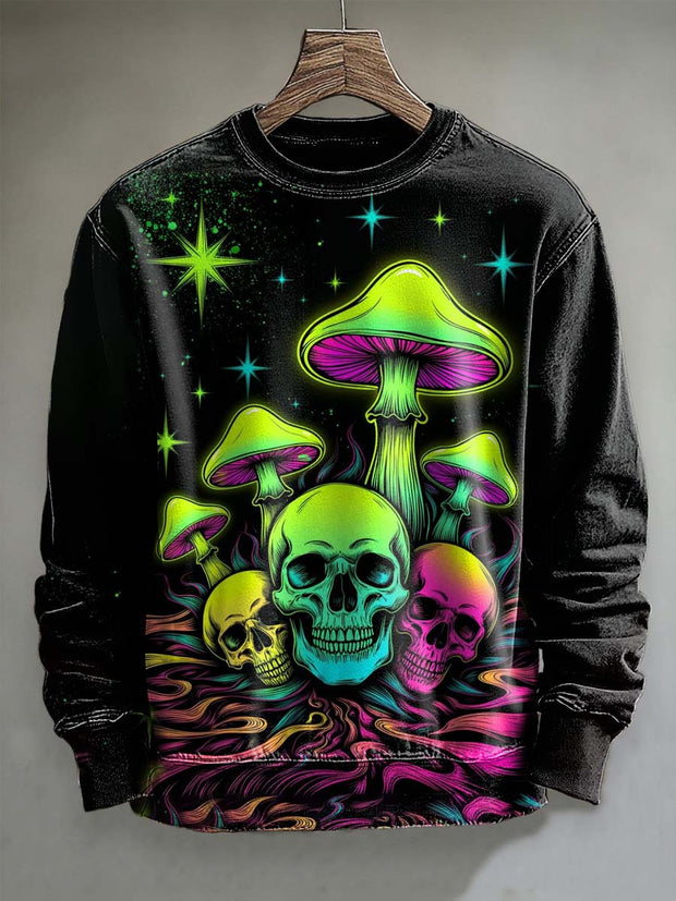 Halloween Fluorescent Skull Mushroom Print Casual Crew Neck Sweatshirt