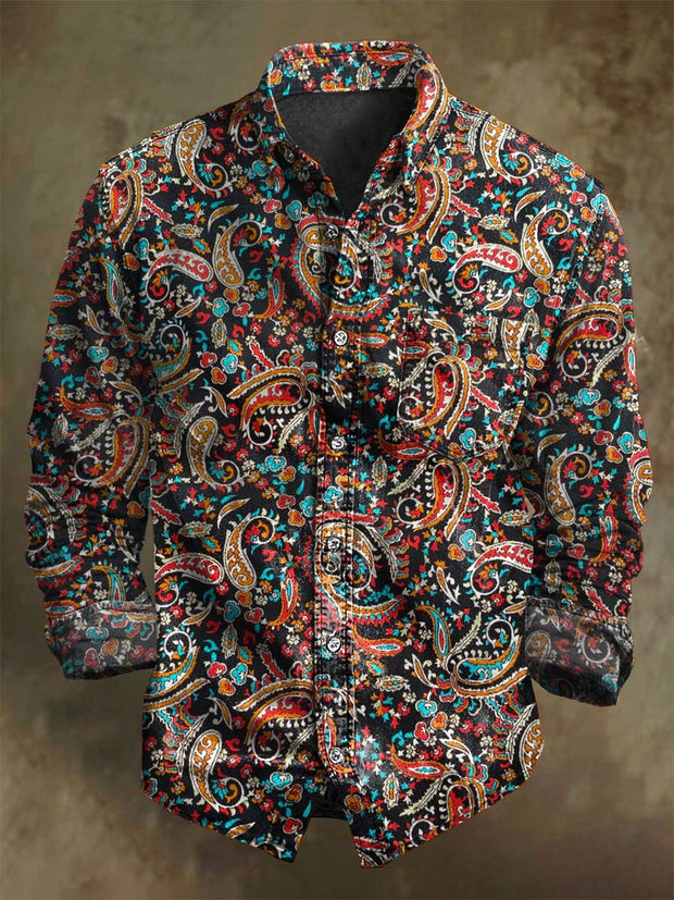 Vintage Paisley Floral Print Casual Long Sleeve Shirt