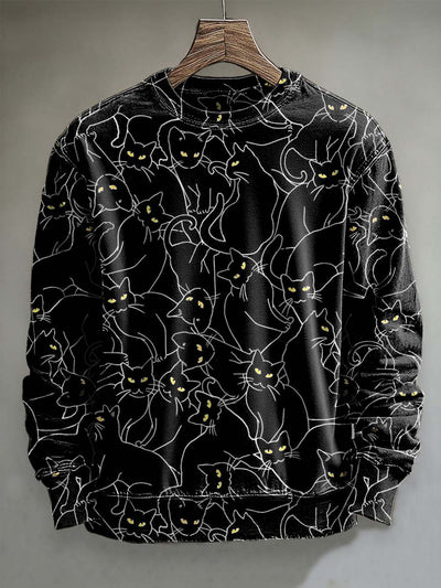 Halloween Black Cat Print Casual Crew Neck Sweatshirt