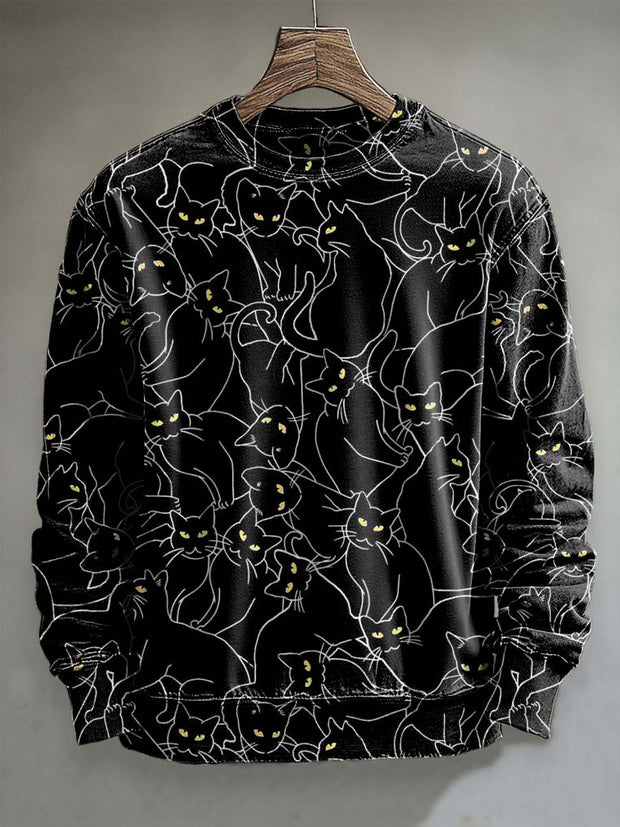 Halloween Black Cat Print Casual Crew Neck Sweatshirt