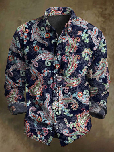 Vintage Paisley Floral Print Casual Long Sleeve Shirt