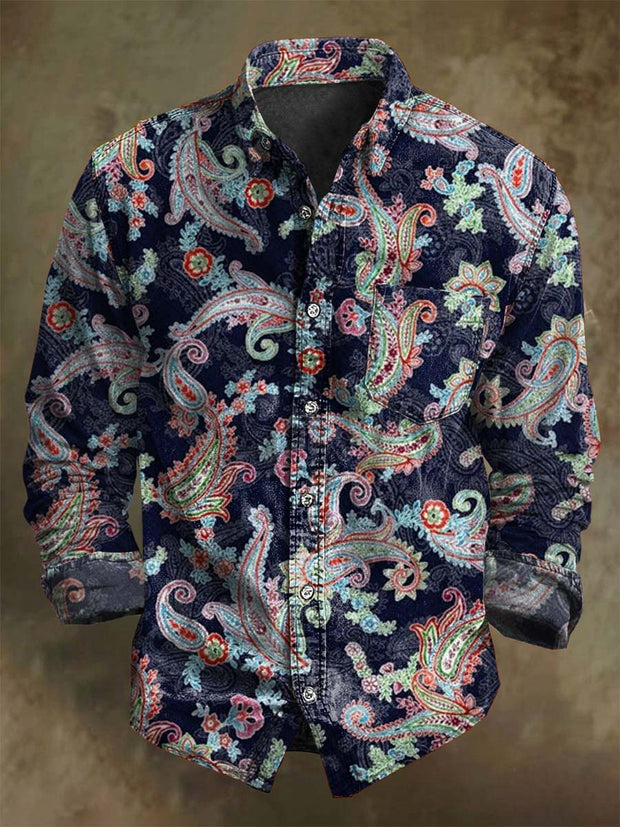 Vintage Paisley Floral Print Casual Long Sleeve Shirt