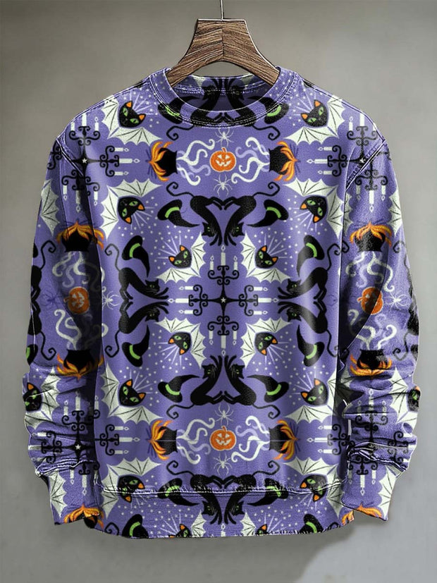 Halloween Black Cat Print Casual Crew Neck Sweatshirt