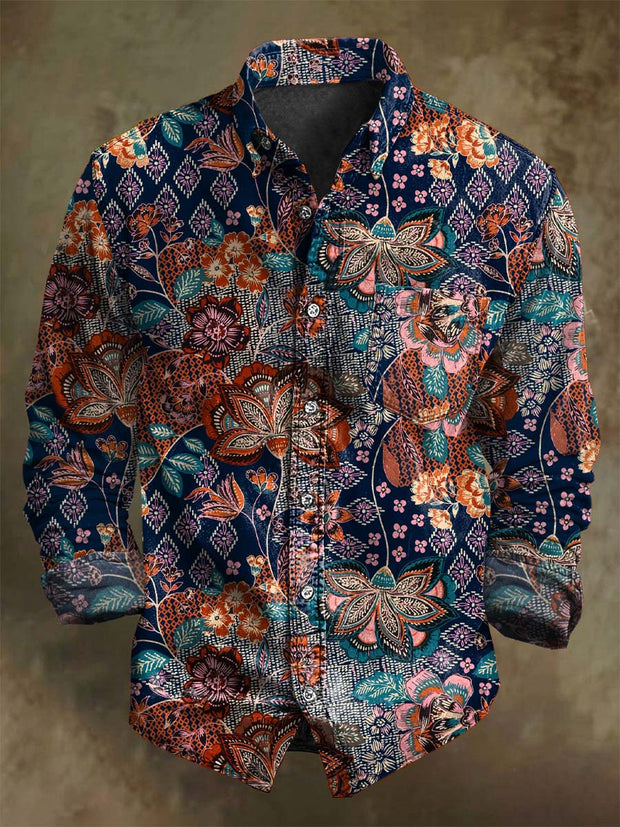 Vintage Paisley Floral Print Casual Long Sleeve Shirt