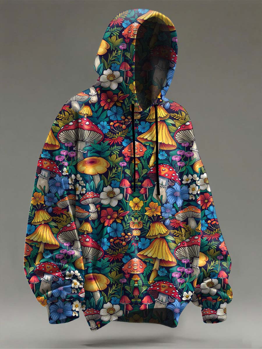 Mushroom Floral Print Casual Hooded Sweatshirt