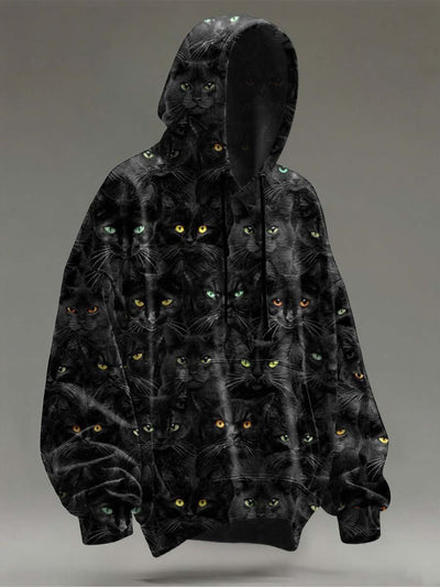 Halloween Magic Black Cat Print Casual Hooded Sweatshirt
