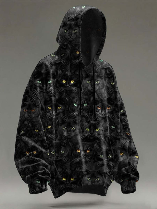 Halloween Magic Black Cat Print Casual Hooded Sweatshirt