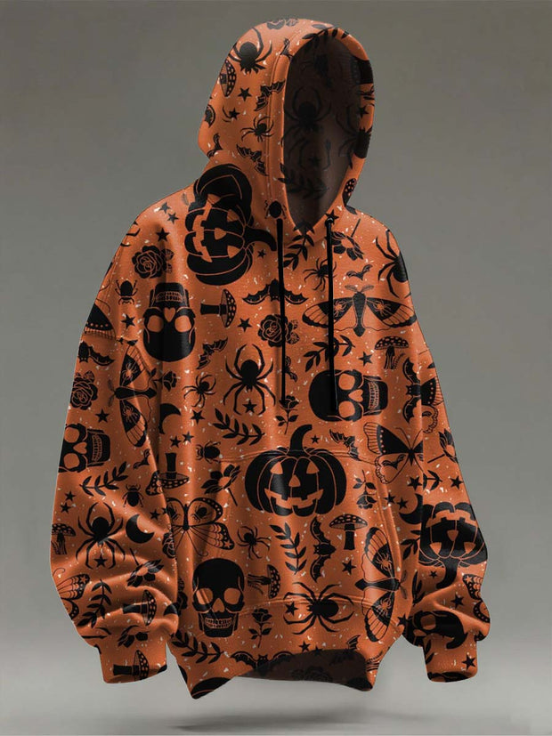 Halloween Pumpkin Skull Print Casual Hooded Sweatshirt