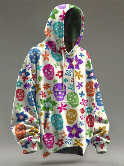 Halloween Colorful Floral Skull Printed Casual Hooded Sweatshirt