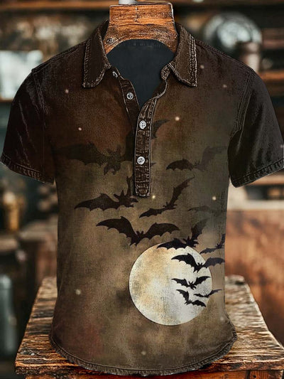 Halloween Midnight Bat Printed Casual Short-Sleeve Polo Shirt