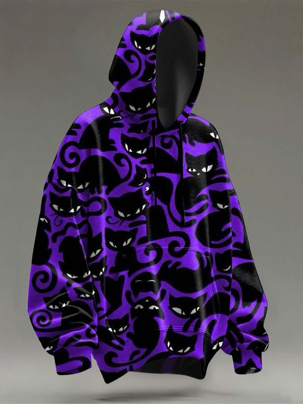 Halloween Black Cat Print Casual Hooded Sweatshirt