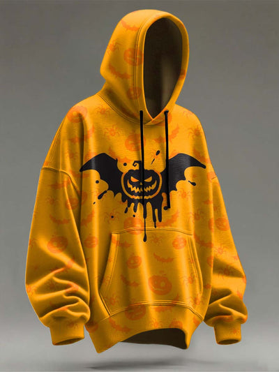 Halloween Pumpkin and Bat Printed Casual Hooded Sweatshirt