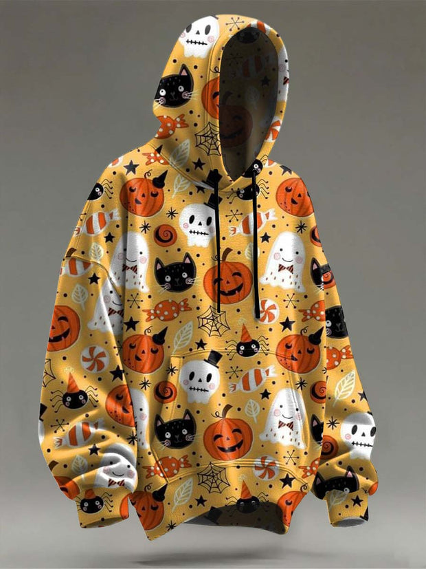 Halloween Pumpkin Cat and Ghost Printed Casual Hooded Sweatshirt