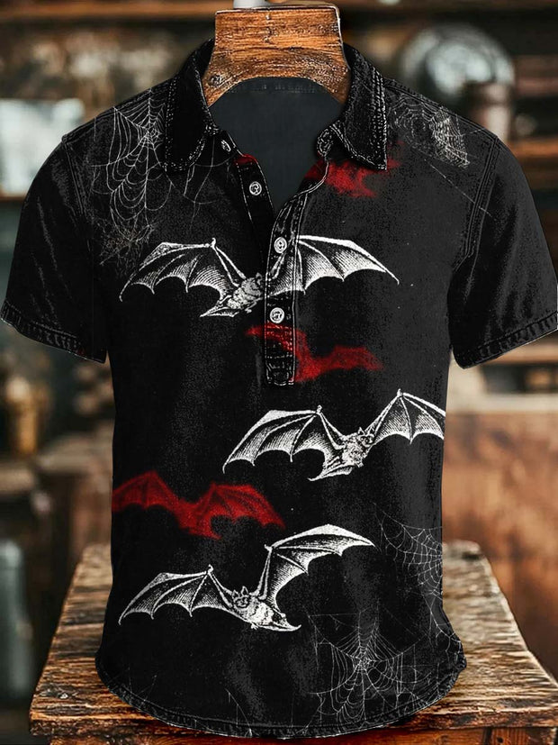Halloween Two-Tone Bat and Spider Web Printed Casual Short-Sleeve Polo Shirt