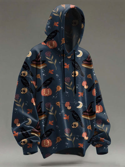 Halloween Magic Book and Crow Printed Casual Hooded Sweatshirt