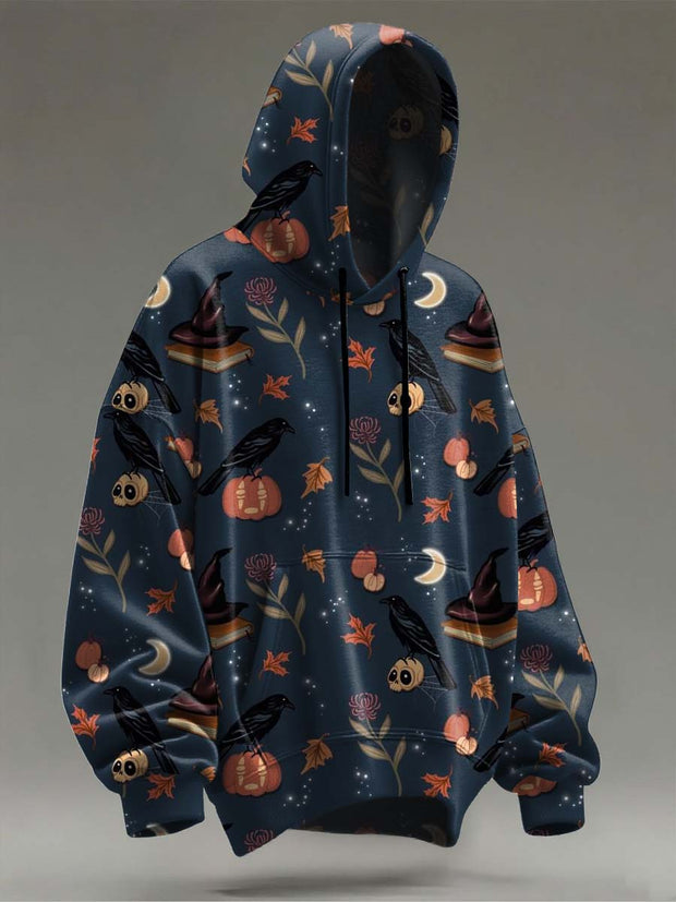 Halloween Magic Book and Crow Printed Casual Hooded Sweatshirt
