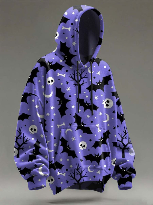 Halloween Bat and Skull Printed Casual Hooded Sweatshirt