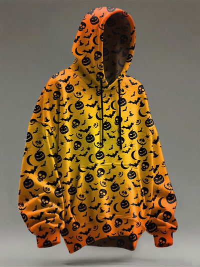 Halloween Pumpkin and Skull Gradient Printed Casual Hooded Sweatshirt