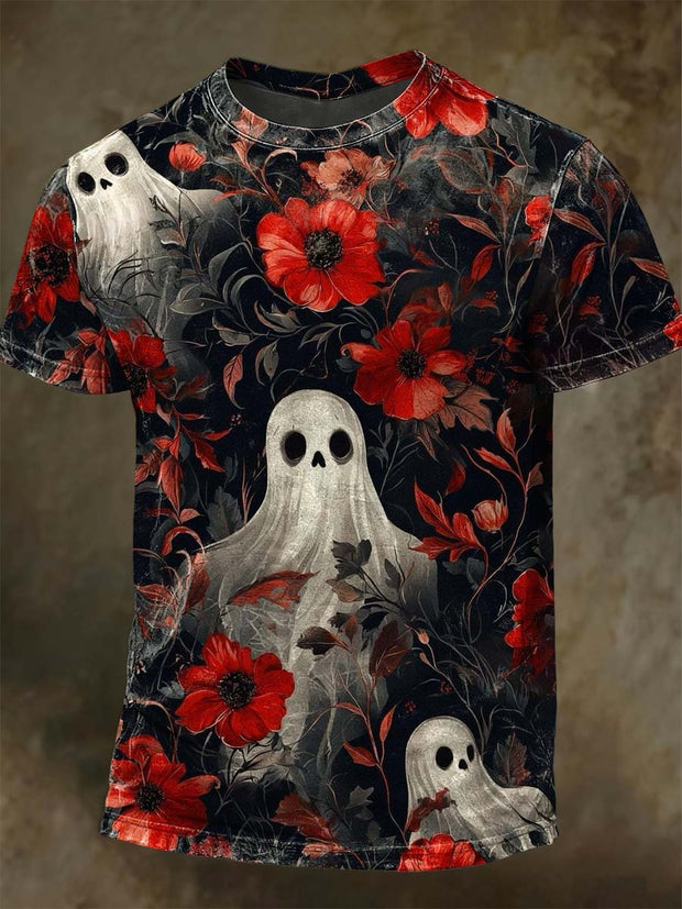 Halloween Ghost Floral Print Casual Short-Sleeve T-Shirt