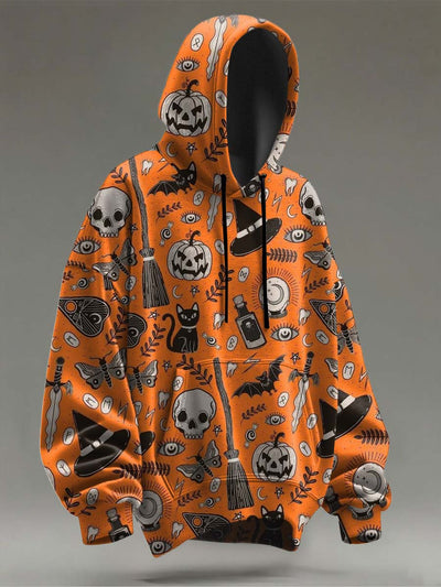 Halloween Pumpkin  Black Cat and Magic Hat Printed Casual Hooded Sweatshirt