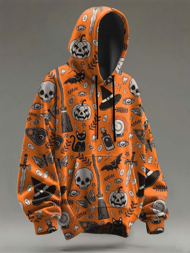 Halloween Pumpkin  Black Cat and Magic Hat Printed Casual Hooded Sweatshirt