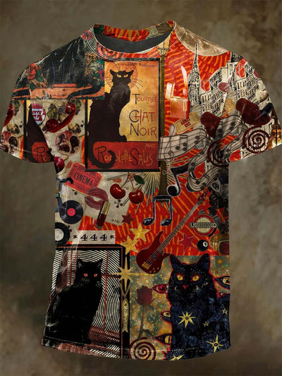 Abstract Black Cat Art Printed Casual Short Sleeve T-shirt
