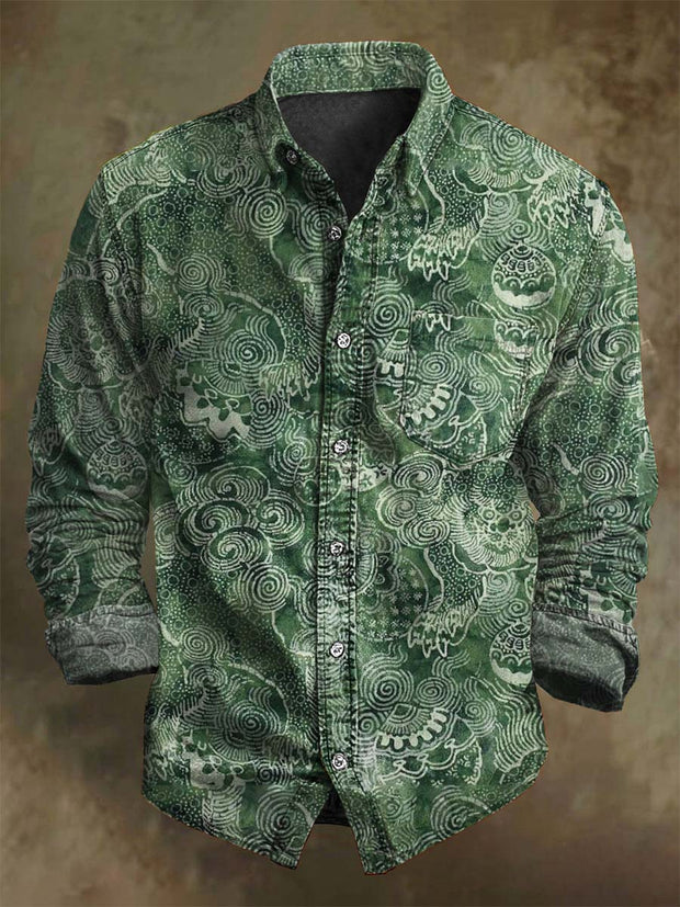 Retro Oriental floral print casual long sleeved shirt